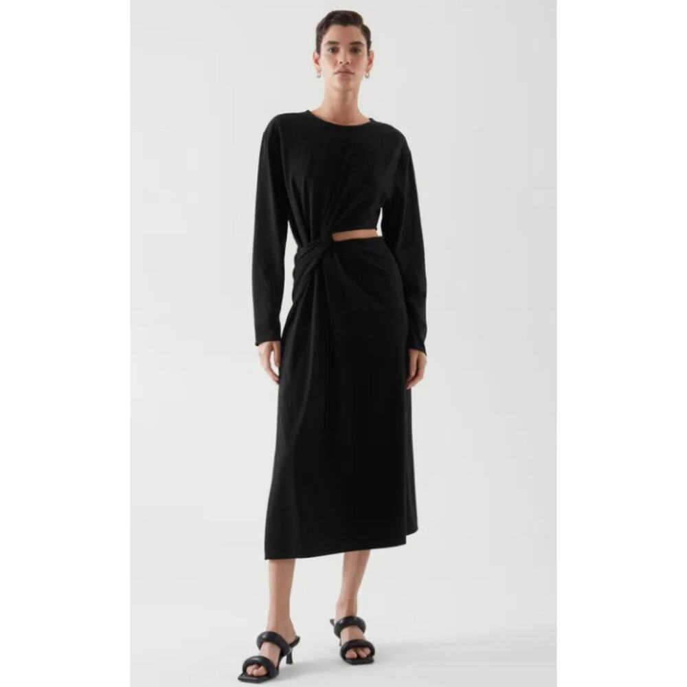 COS Black Cotton Jersey Long Sleeve Cut Out Midi Dress L NWT